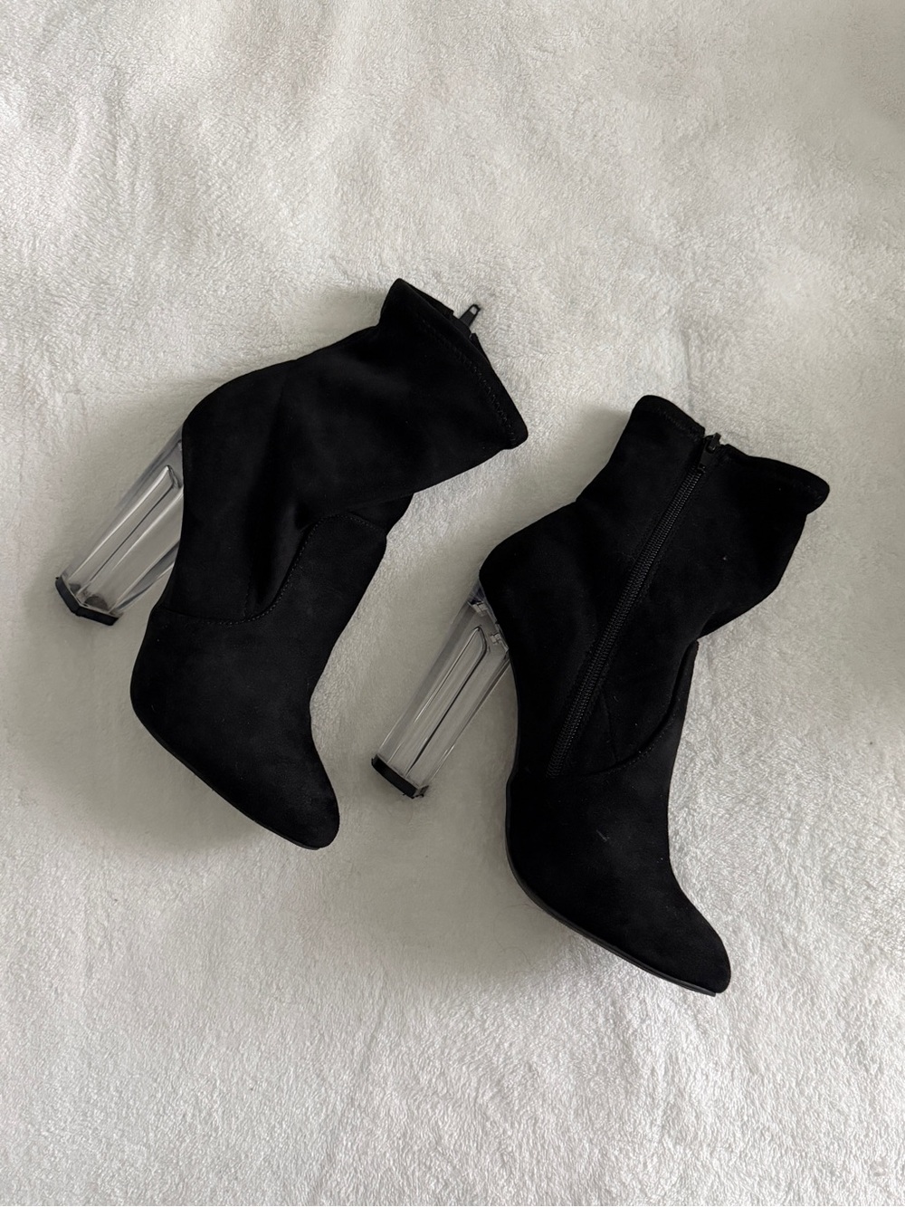 Fashion Nova Black Suede Ankle Boots with Clear Block Heel